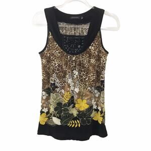 Notations Sleeveless Floral Animal Print Embellished Ribbed Top - Small